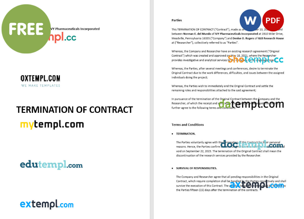 free download termination of contract example, Word and PDF format
