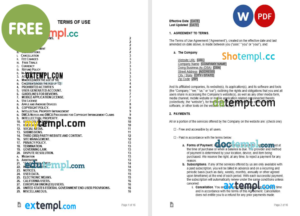 free download terms and conditions example, Word and PDF format