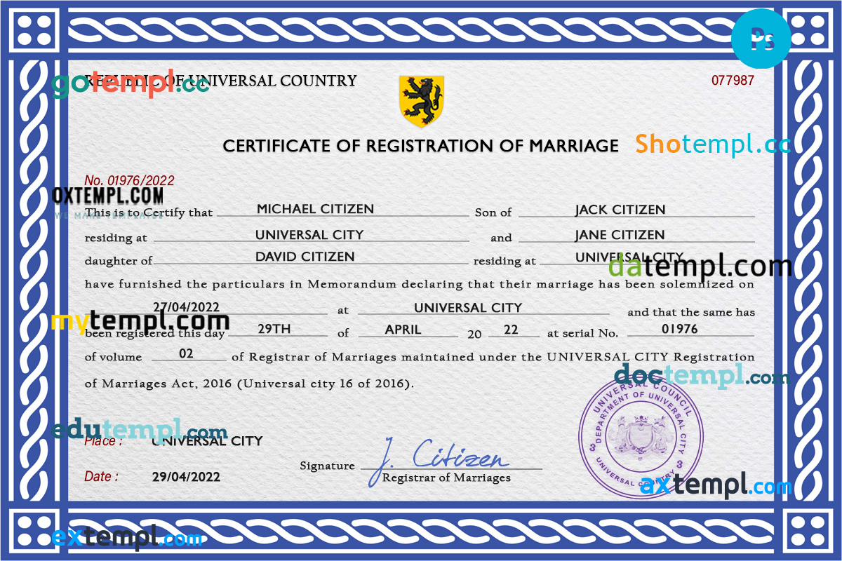# tickle universal marriage certificate PSD example, fully editable