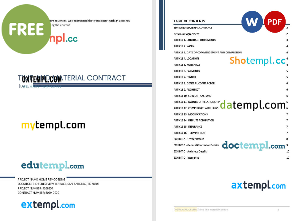 free download time and material contract in project management example, Word and PDF format