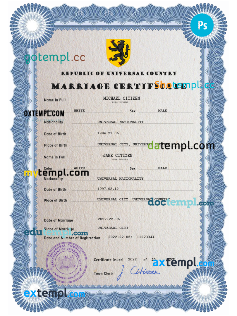 # traditional universal marriage certificate PSD example, completely editable