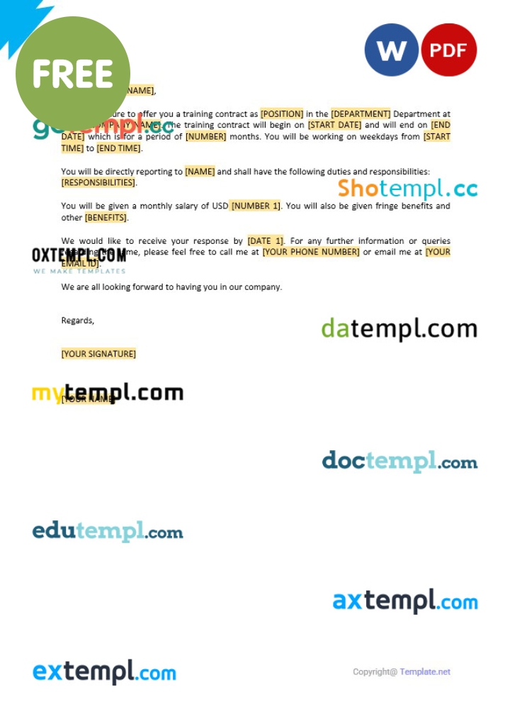 free download training contract offer letter example, Word and PDF format