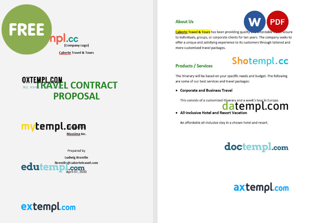 free download travel contract proposal example, Word and PDF format