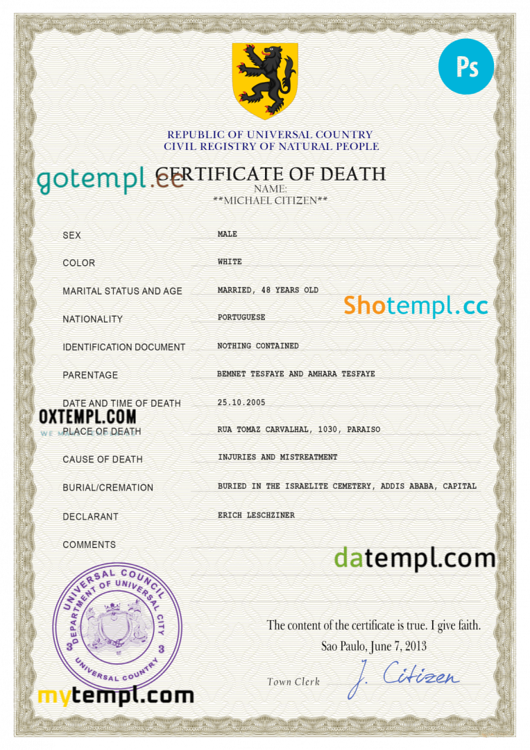 # trust vital record download death certificate universal PSD example