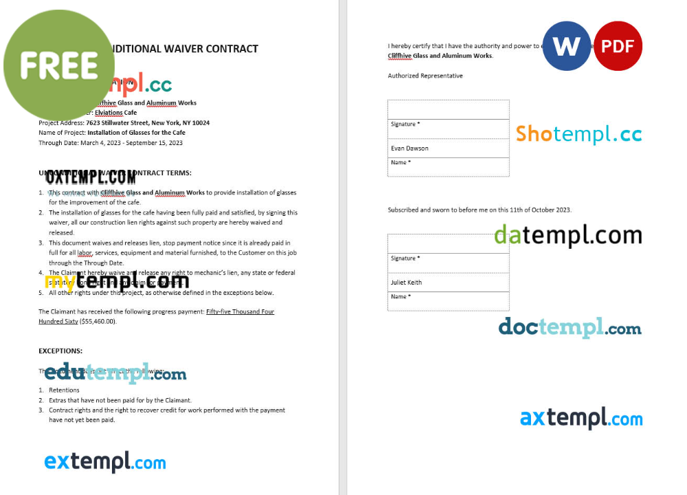 free download unconditional waivers contract example, Word and PDF format