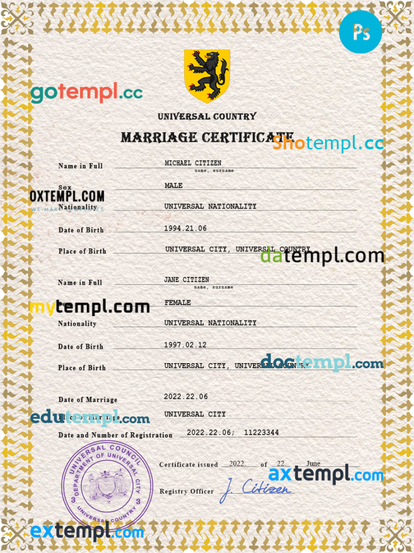 # underexpose universal marriage certificate PSD example, fully editable