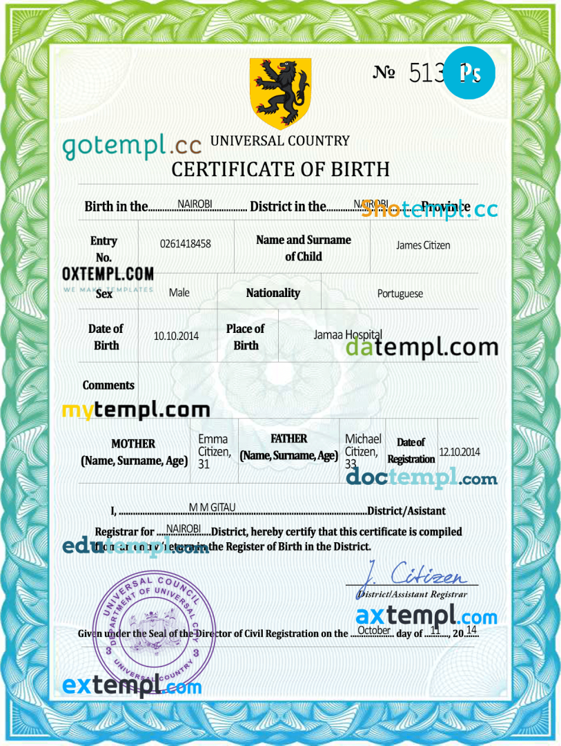 # united assembly universal birth certificate PSD example, completely editable
