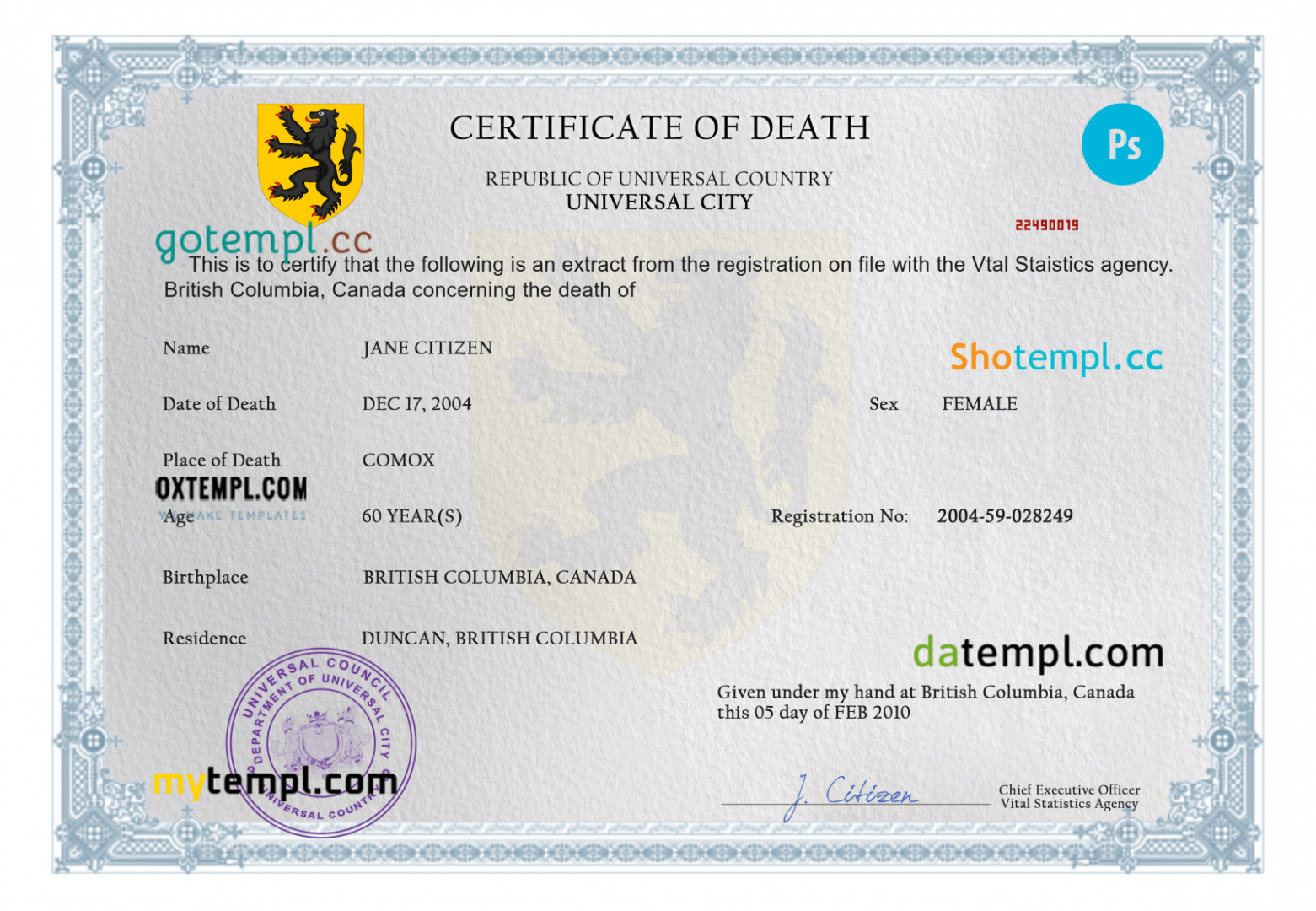 # united death universal certificate PSD example, completely editable