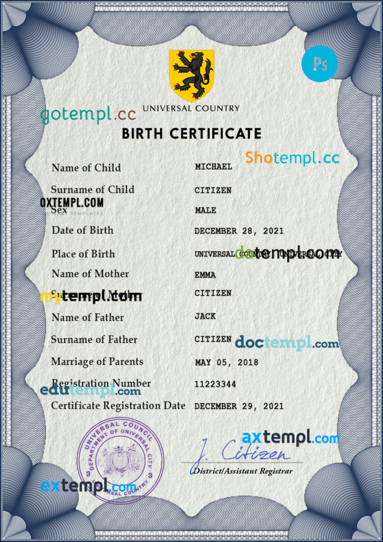 # universbia universal birth certificate PSD example, completely editable