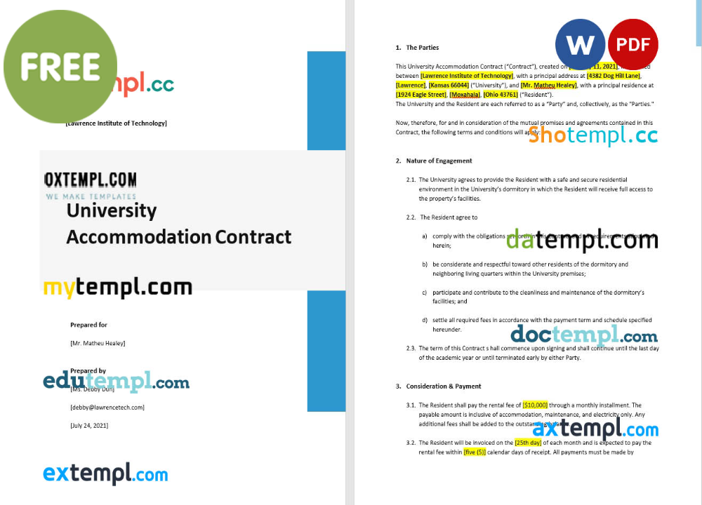 free download university accommodation contract example, Word and PDF format