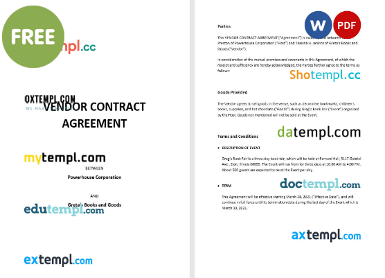 free download vendor contract agreement example, Word and PDF format