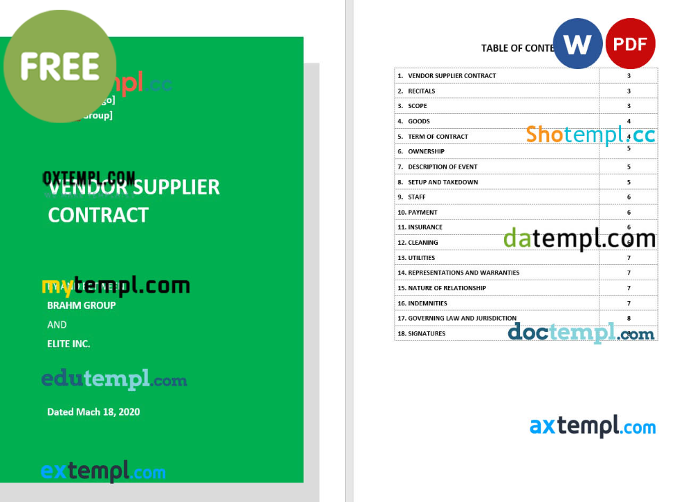 free download vendor supplier contract example, Word and PDF format
