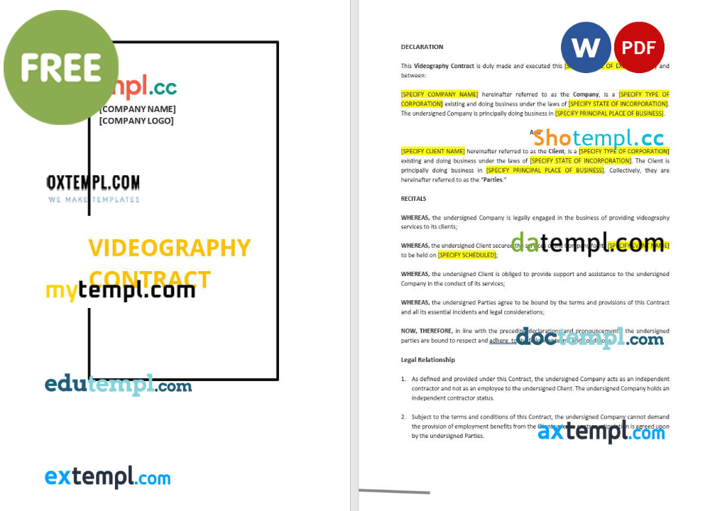 free download videography contract example, Word and PDF format