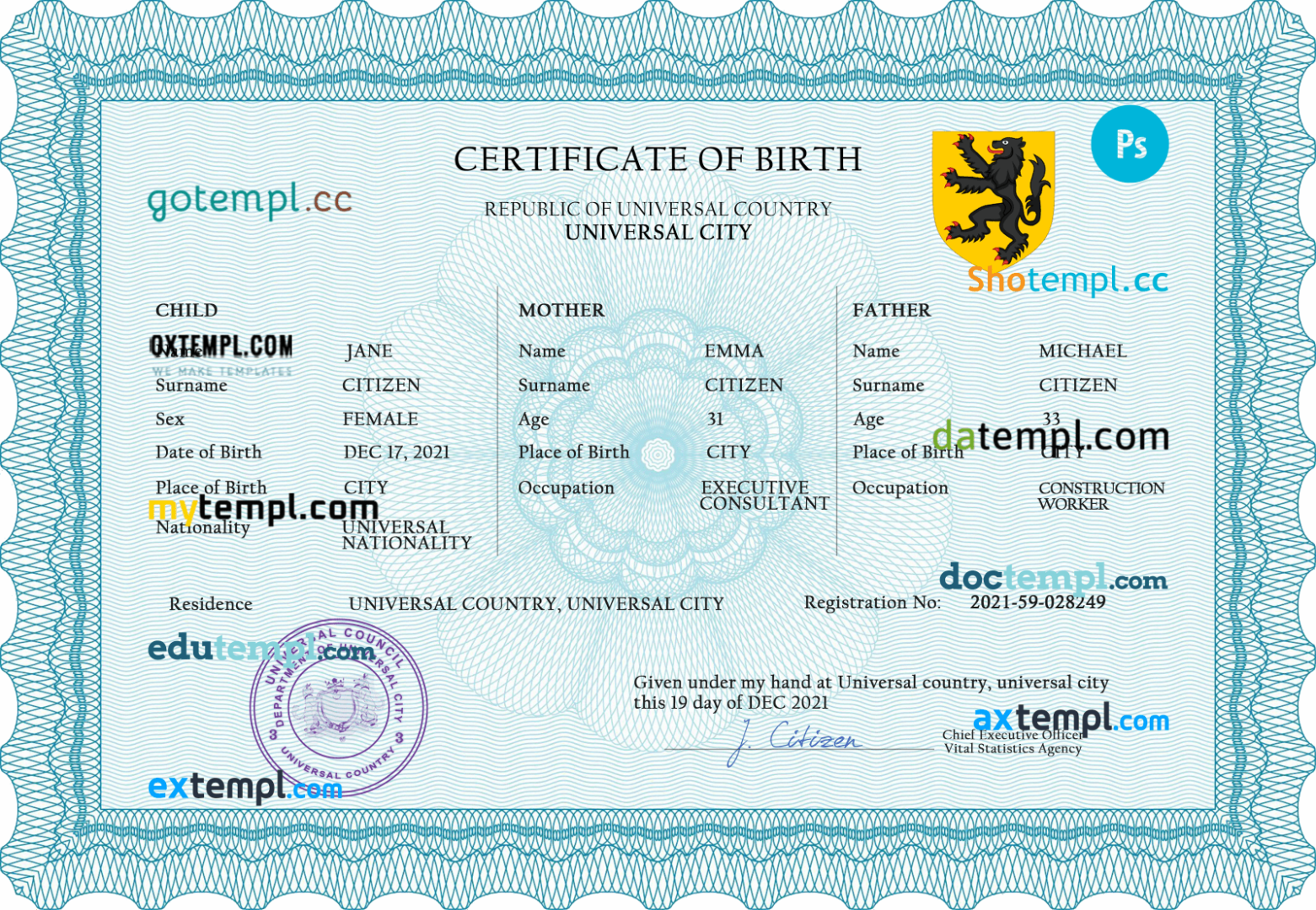 # voice universal birth certificate PSD example, completely editable