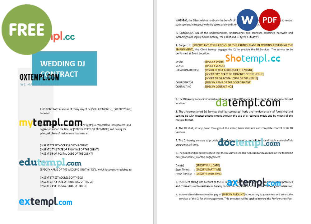 free download wedding DJ contract example, Word and PDF format