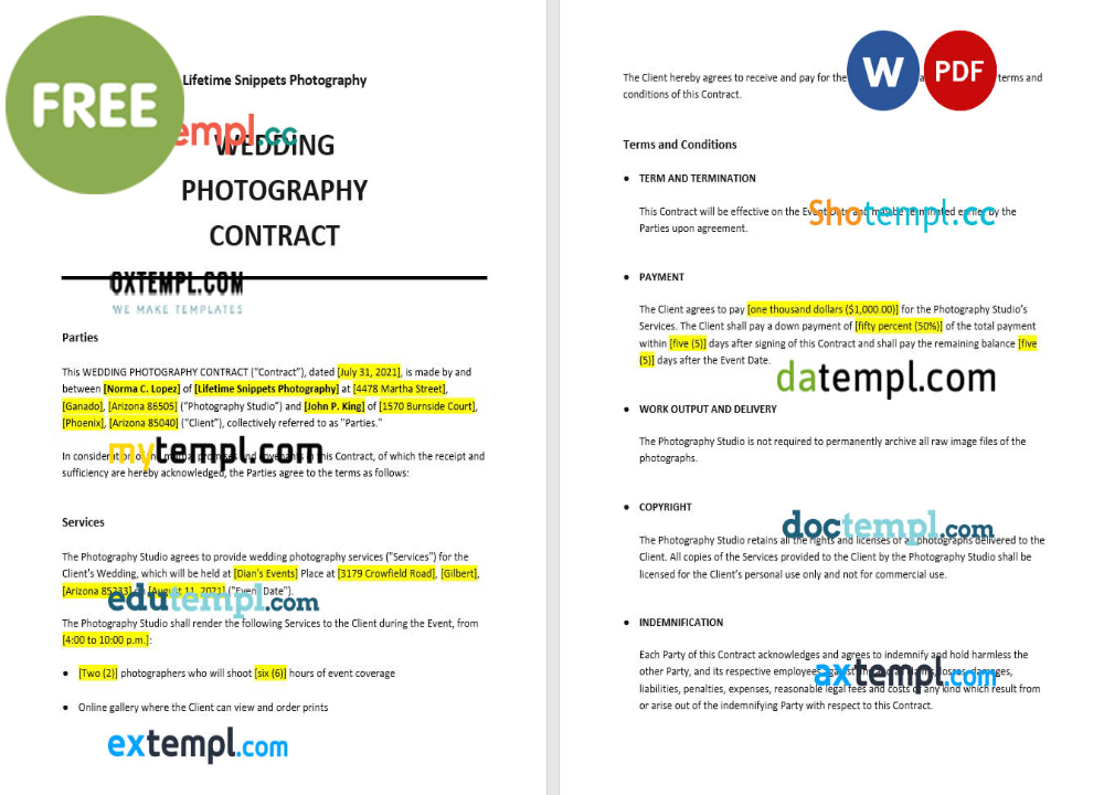 free download wedding photography contract example, Word and PDF format