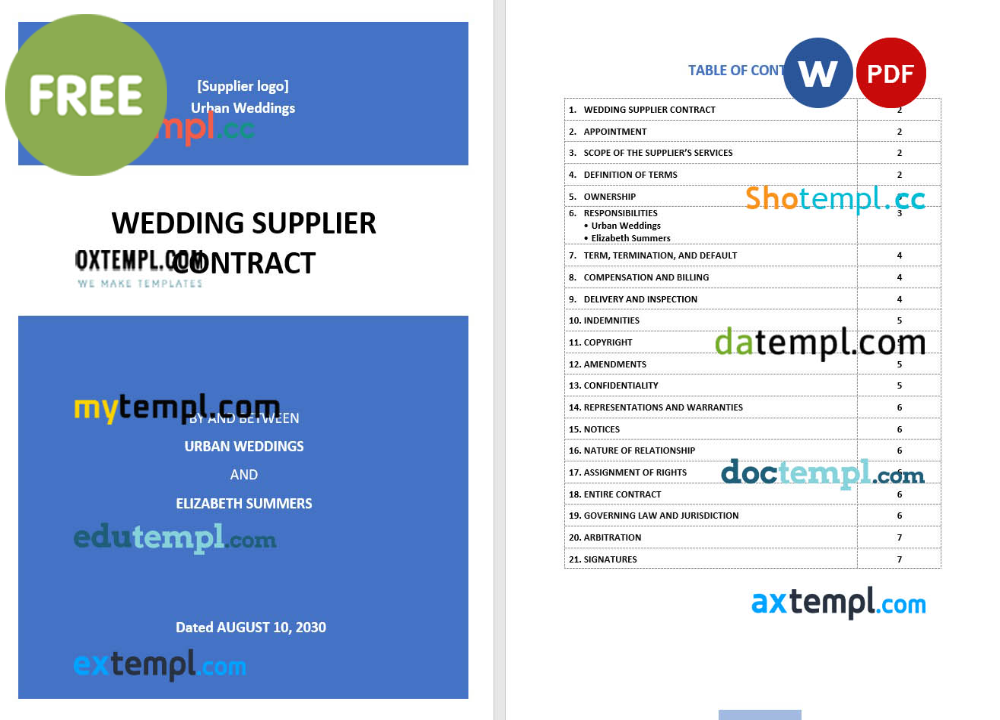 free download wedding supplier contract example, Word and PDF format