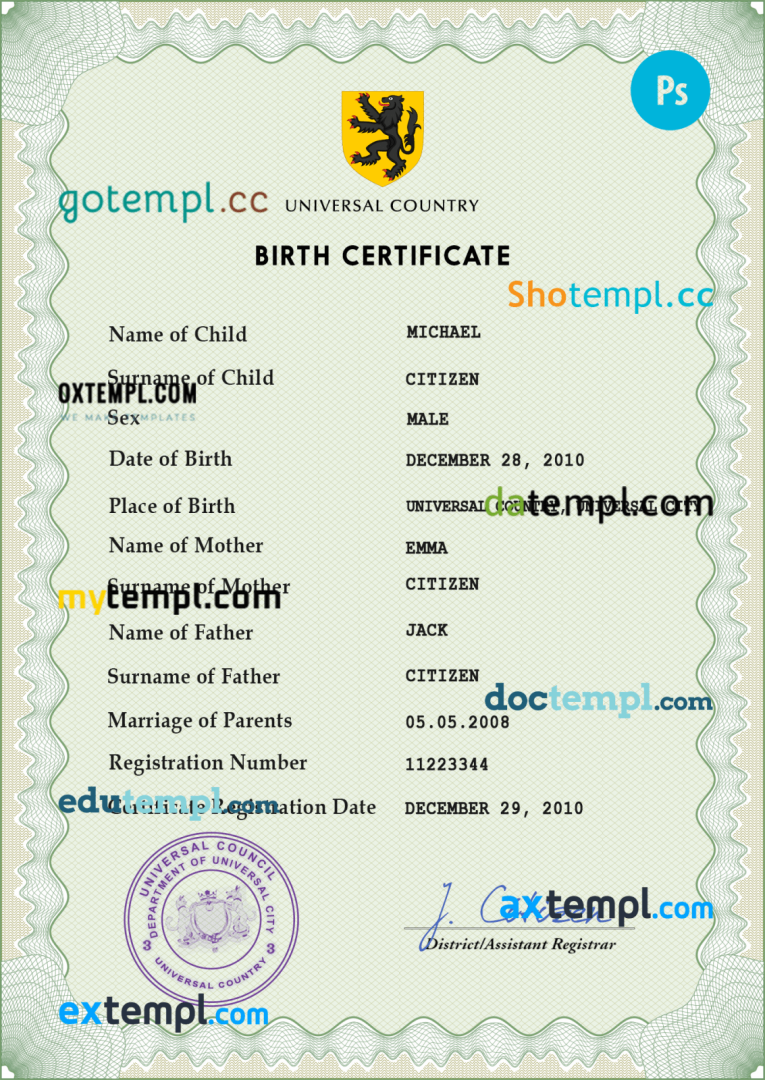 # wisdom universal birth certificate PSD example, fully editable