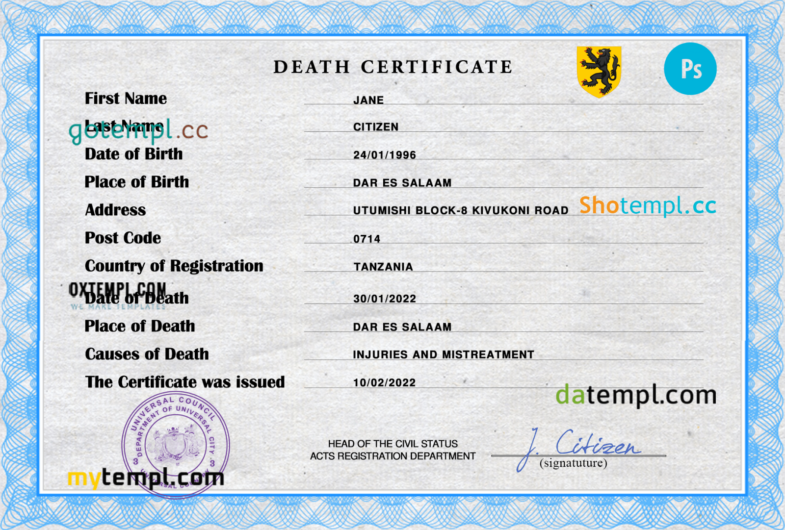 # wise crowd death universal certificate PSD example, completely editable
