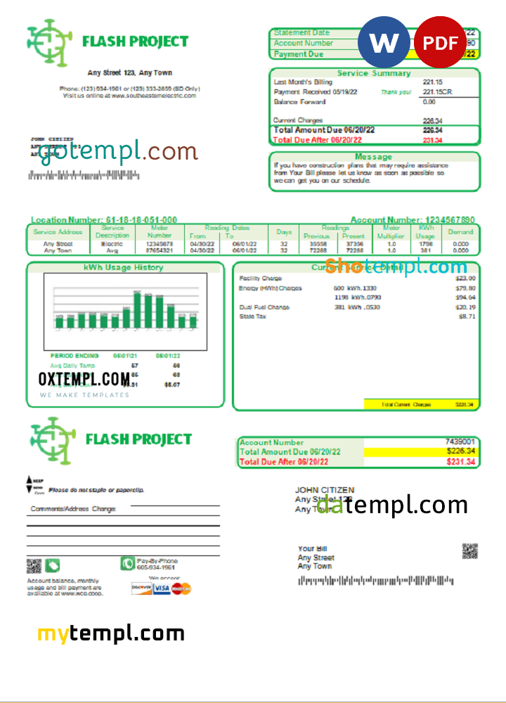 # flash project universal multipurpose utility bill download, Word and PDF example