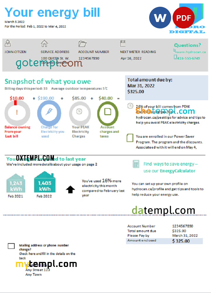 # hydro digital universal multipurpose utility bill download, Word and PDF example