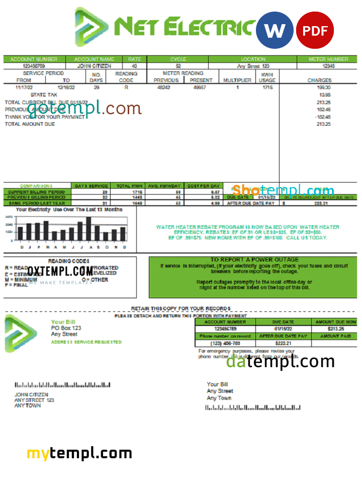# net electric universal multipurpose utility bill download, Word and PDF example