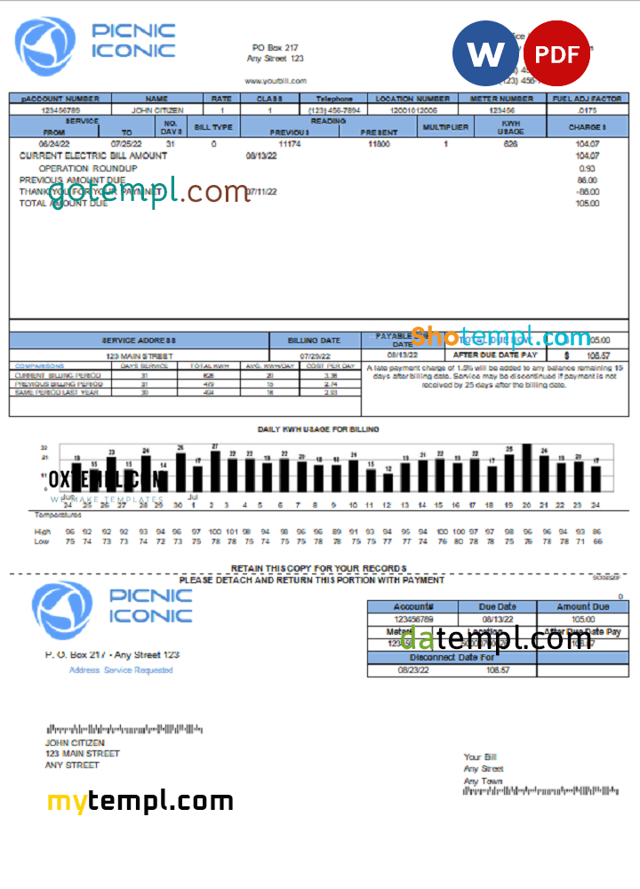 # picnic iconic universal multipurpose utility bill download, Word and PDF example