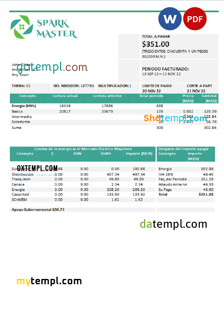 # spark master universal multipurpose utility bill download, Word and PDF example