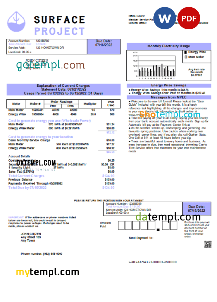 # surface project universal multipurpose utility bill download, Word and PDF example