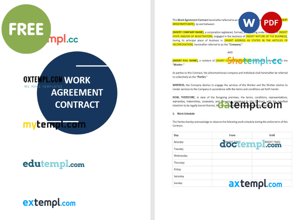 free download work agreement contract example, Word and PDF format
