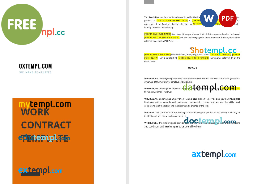 free download work contract example, Word and PDF format