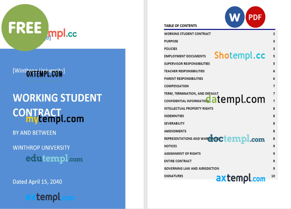 free download working student contract example, Word and PDF format