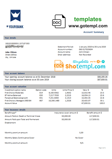 # crown streams universal bank multipurpose statement example in Word format