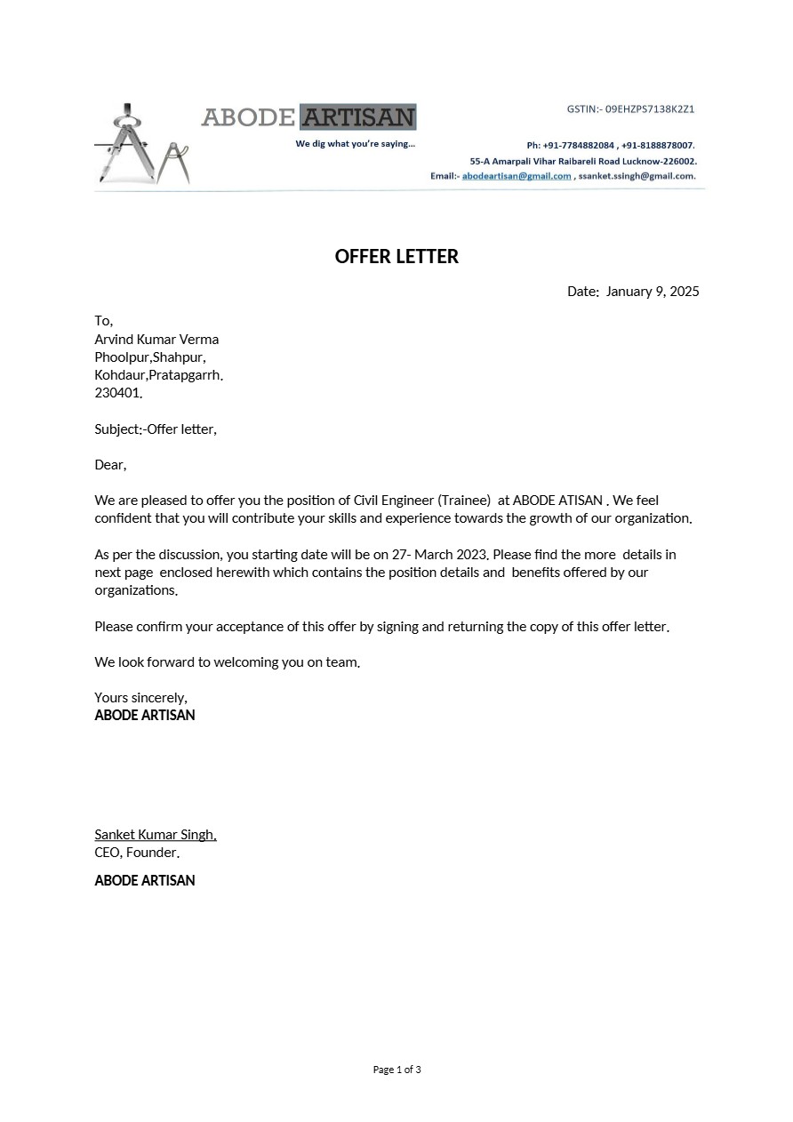 Abode Artisian Civil Engineer offer letter in Word and Pdf formats