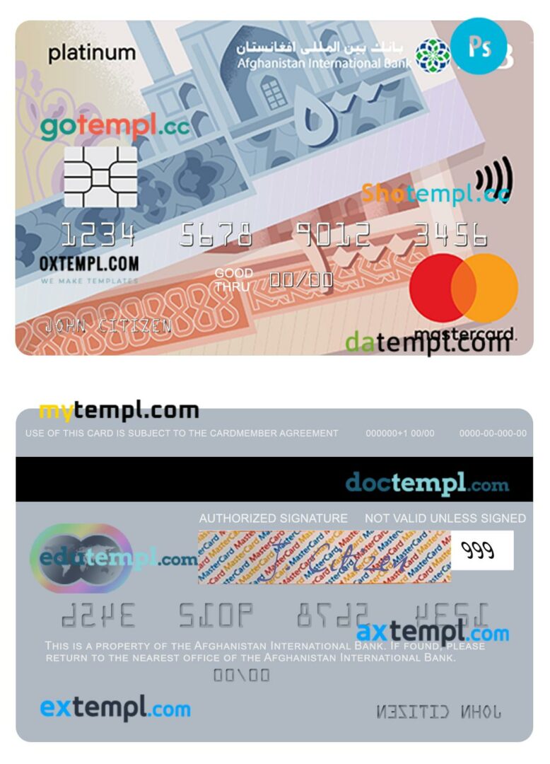 Afghanistan International Bank mastercard platinum card template in PSD format