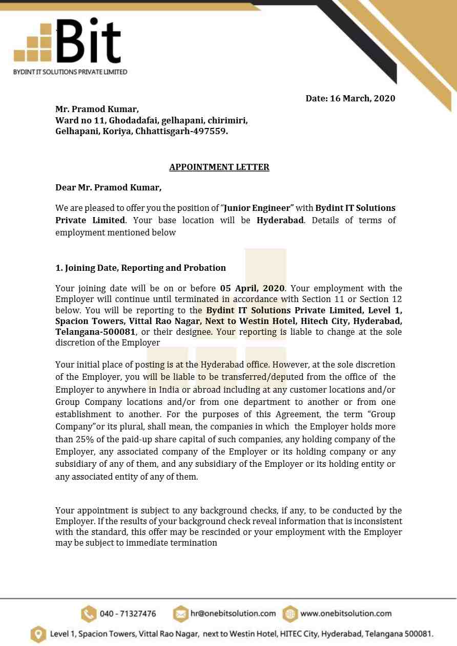 Bydint IT Solutions Pvt. Ltd. Jr. Engineer offer letter in Word and Pdf formats