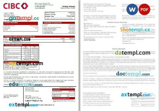 Canada CIBC Bank mortgage statement, 2 pages, editable template in PDF and Word