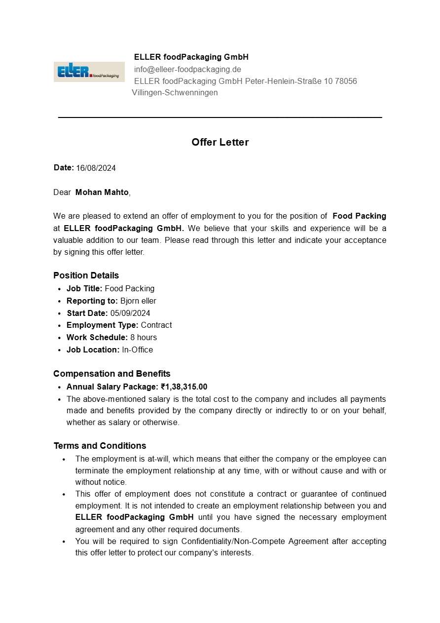 Eller foodPackiging GmbH Food Packing offer letter in Word and Pdf formats
