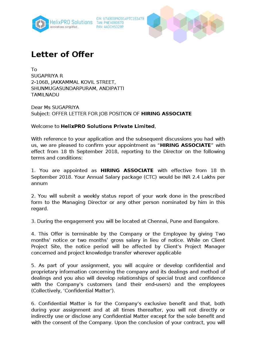 HelixPRO solutions Pvt. Ltd. Hiring Associate offer letter in Word and Pdf formats