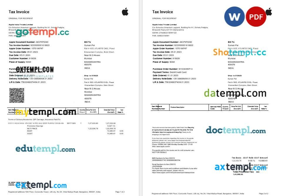 India Apple India Private Limited tax invoice editable template in Word and PDF formats