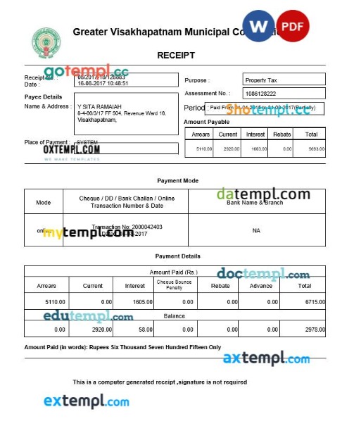 India Greater Visakhapatnam Municipal Corporation property tax receipt editable template in Word and PDF formats