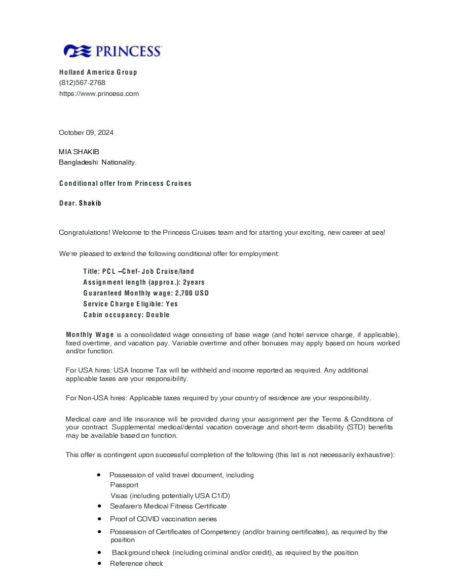 Princess Cruises job offer letter in Word and Pdf formats