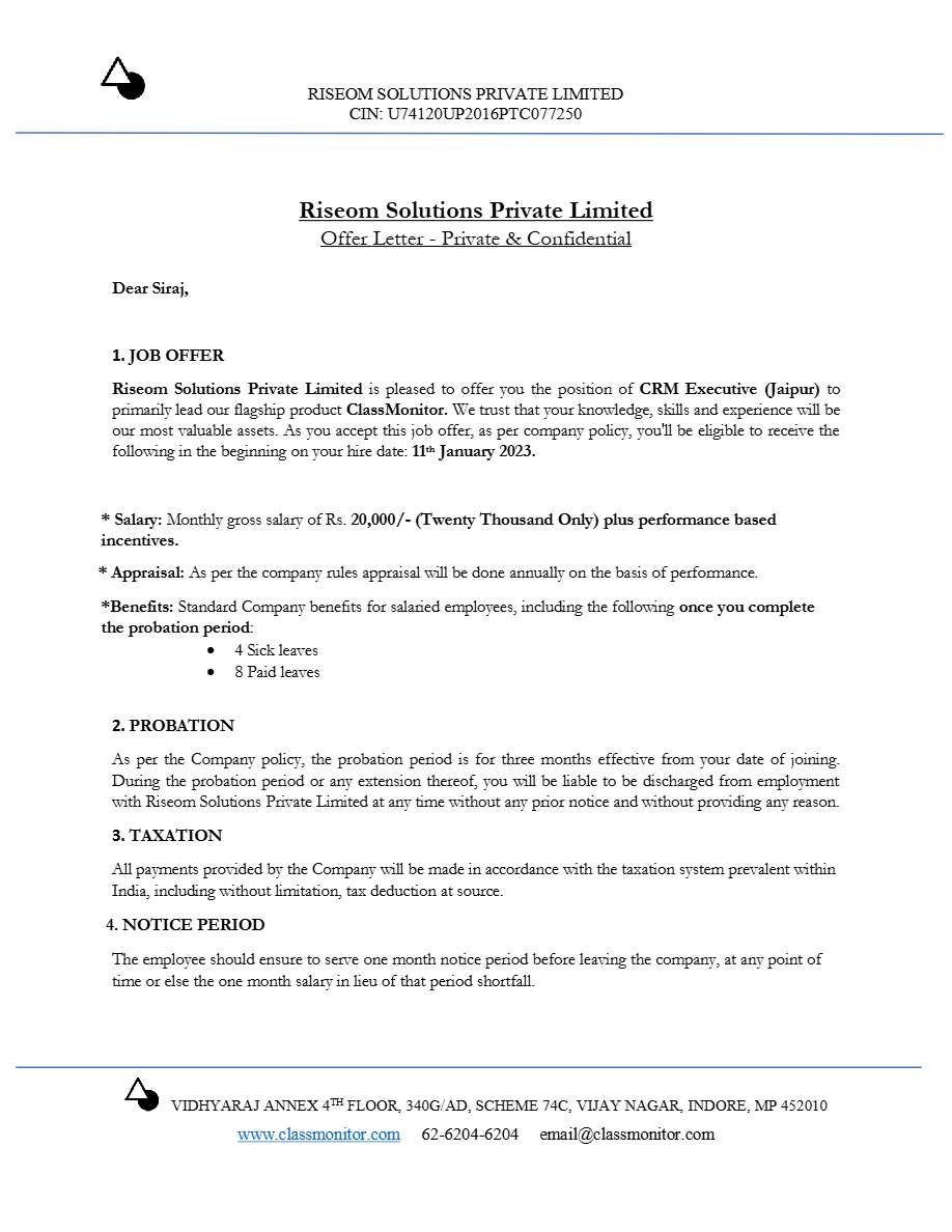Riseom Solutions Pvt. Ltd. CRM Executive offer letter in Word and Pdf formats