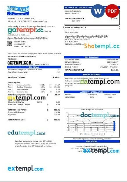 USA California Monte Vista Water District business utility bill template in Word and PDF formats