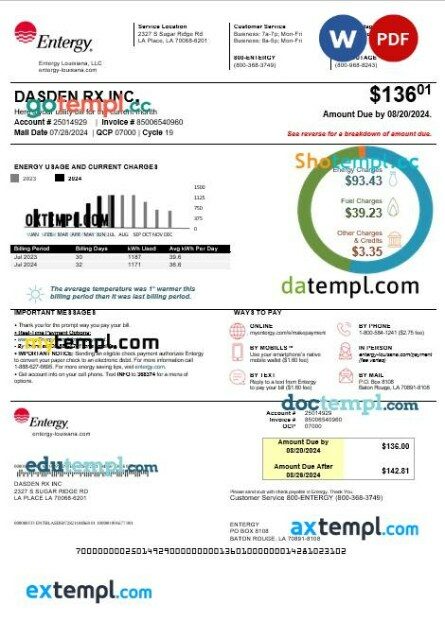 USA Louisiana Entergy business utility bill template in Word and PDF formats, version 2