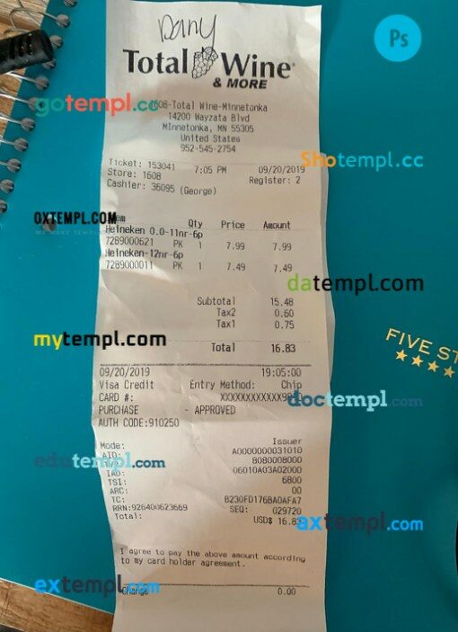 USA Total wine & more store payment receipt PSD template