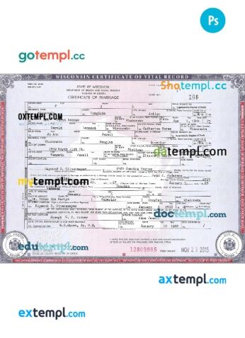 USA Wisconsin certificate of marriage template in PSD format