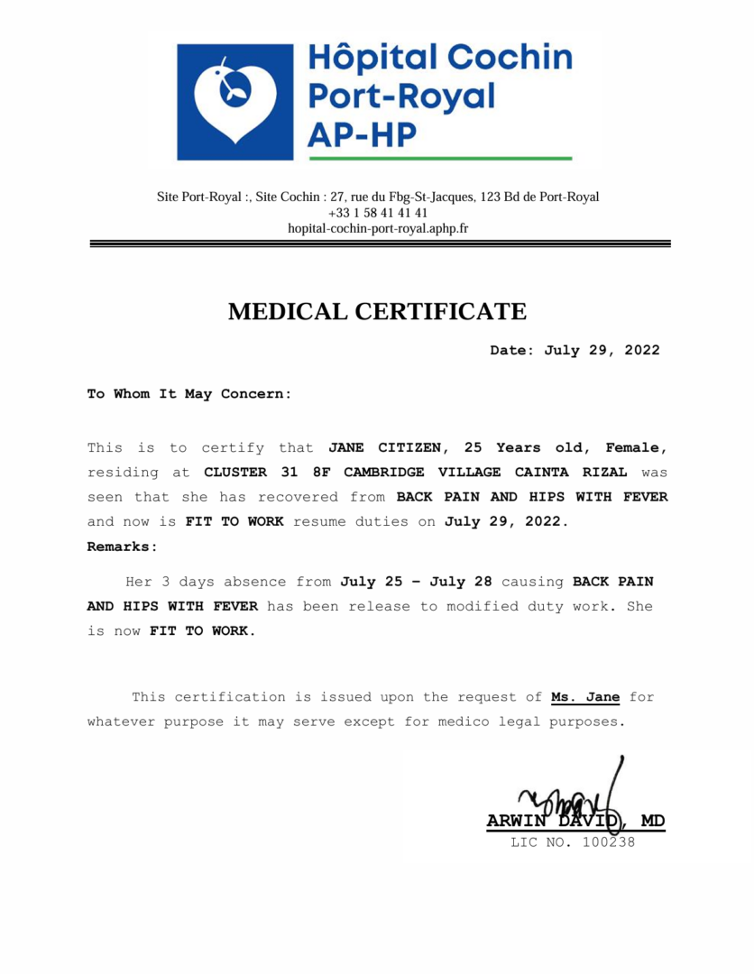 AP-HP Hôpital Cochin medical certificate template in Word and PDF formats