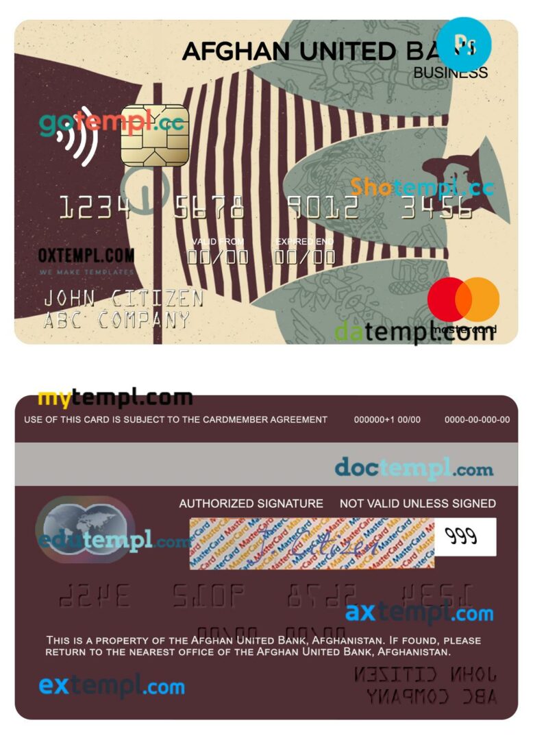 Afghanistan Afghan United Bank business mastercard template in PSD format