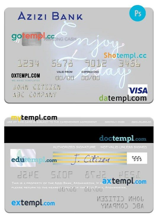 Afghanistan Azizi Bank visa business card template in PSD format